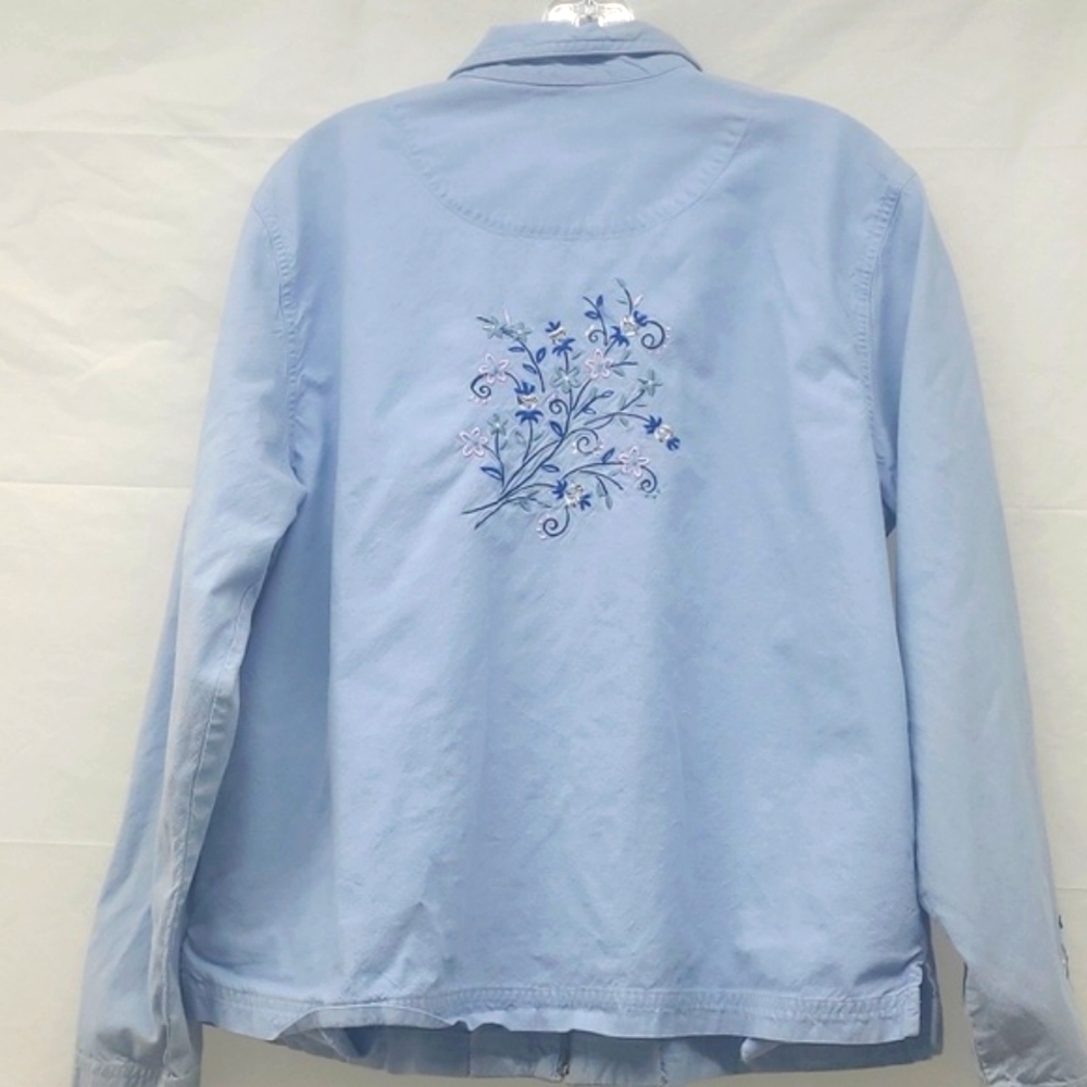Cherokee Light Wash Denim Embroidered Chore Jacket Zip Front Size Large